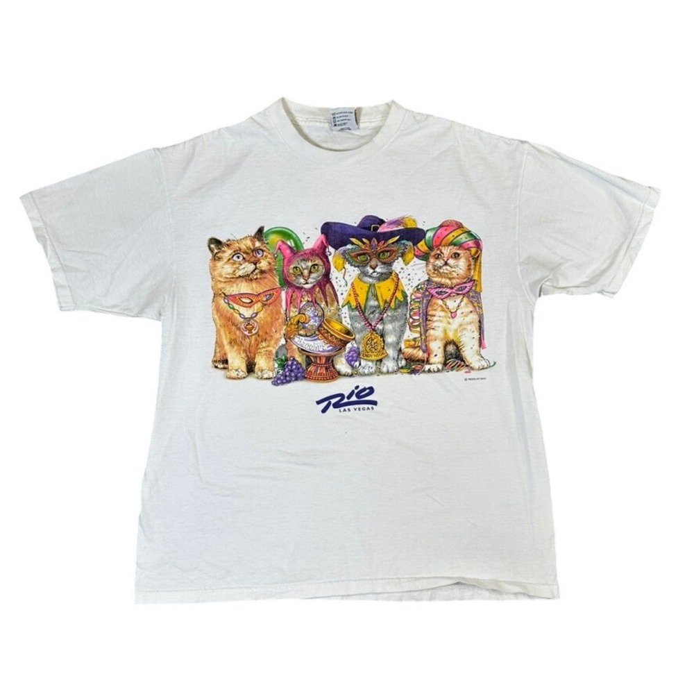 Vintage Prints of Tails Mardi Gras Cats Rio Las Vegas T-Shirt XL White Oneita